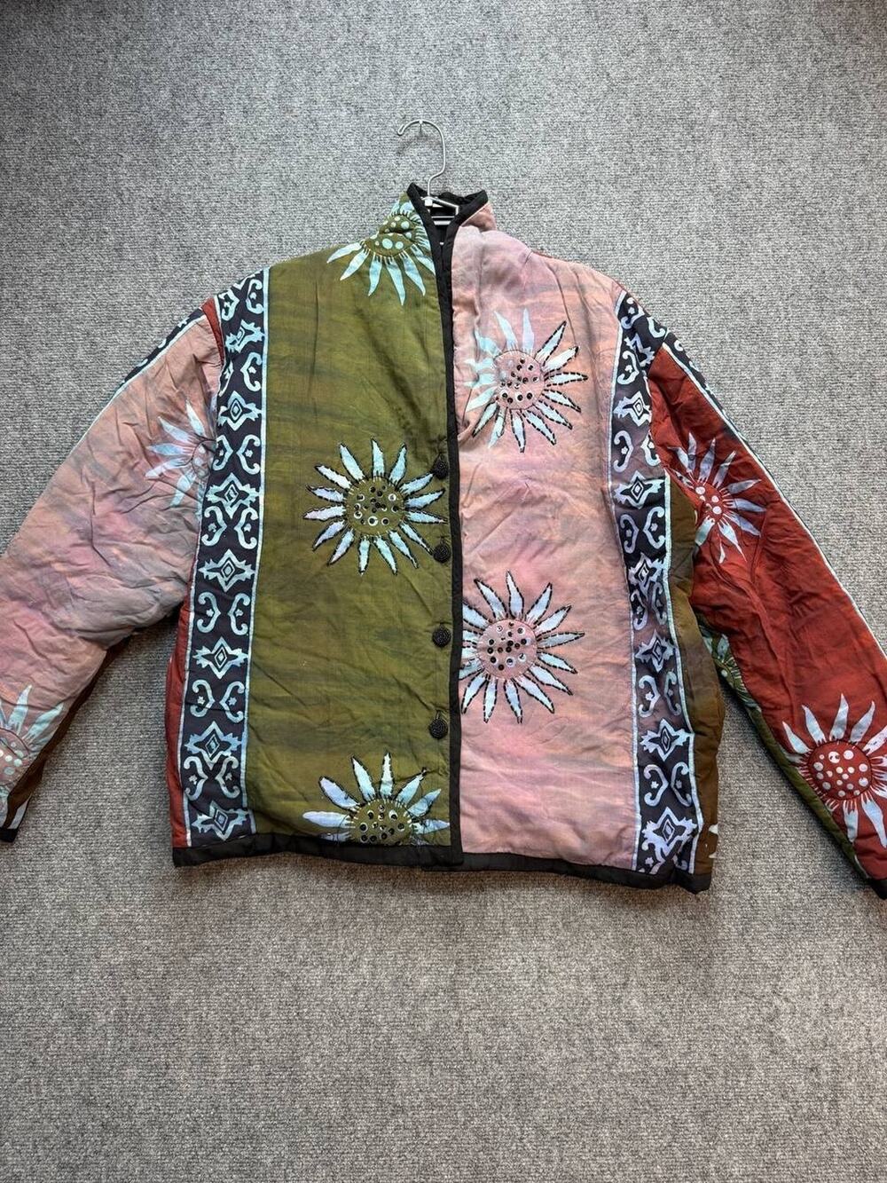 SPA Womens L Art To Wear Rayon Jacket Sun Print Boho Colorful Button Front